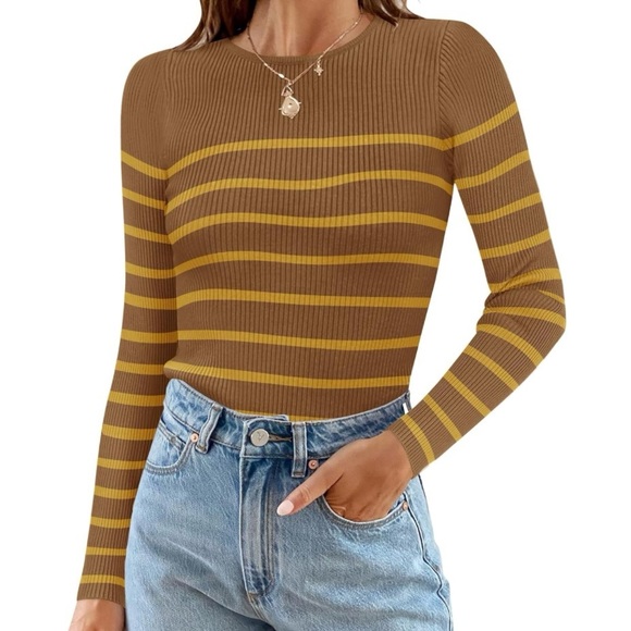 Zesica Sweaters - NWOT Ribbed Knit Sweater | Long Sleeve Crewneck Striped | Brown & Yellow (L)